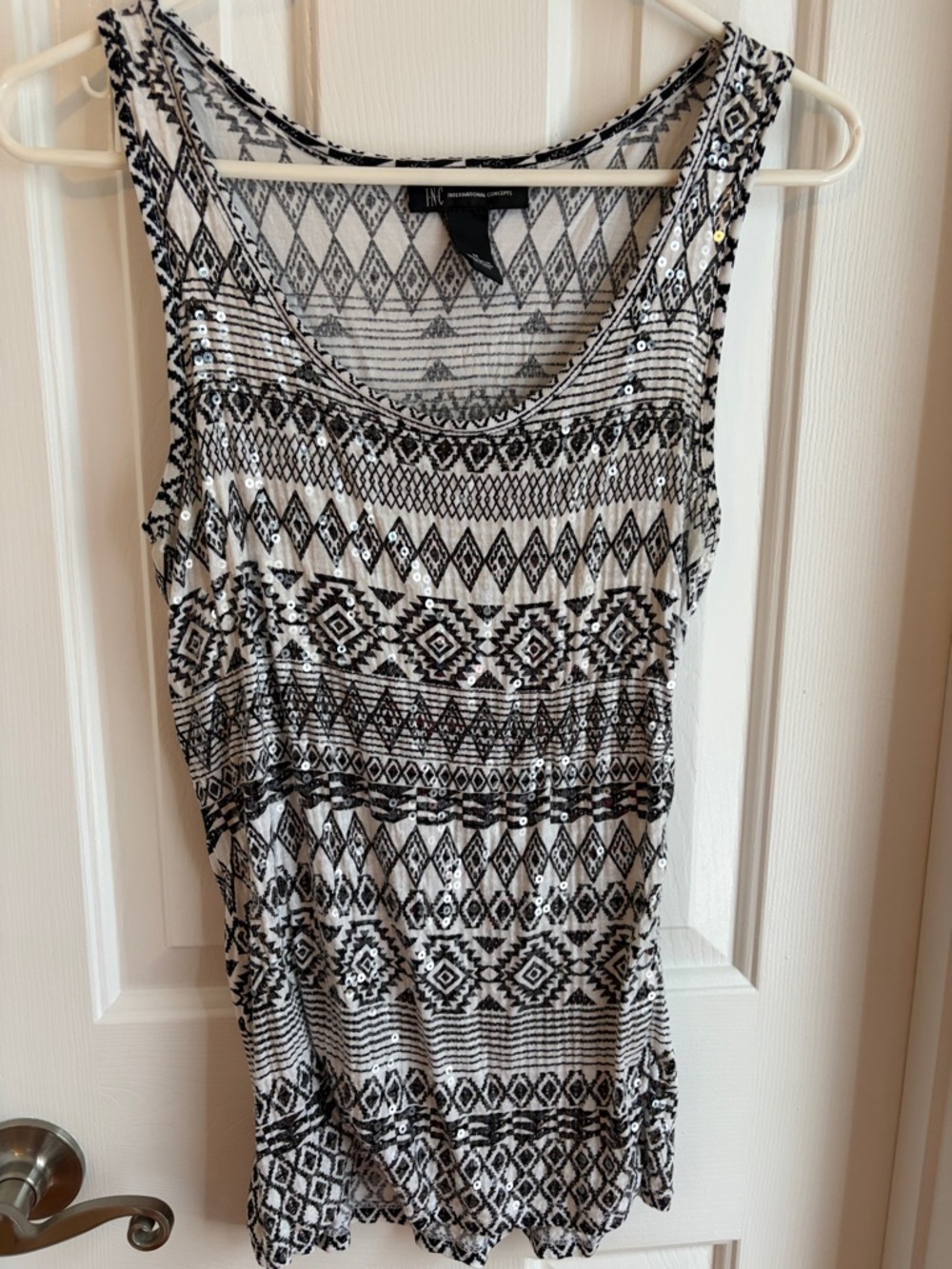 INC International Concepts Black and White Geometric Sequin Tank